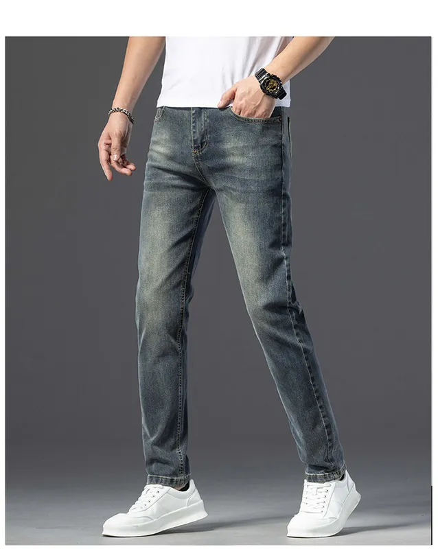 2023 Otoño Nuevos hombres vintage Stone Washed Ripped Slim Fit Elasticity jeans hombres rectos clásicos pantalones casuales Casu