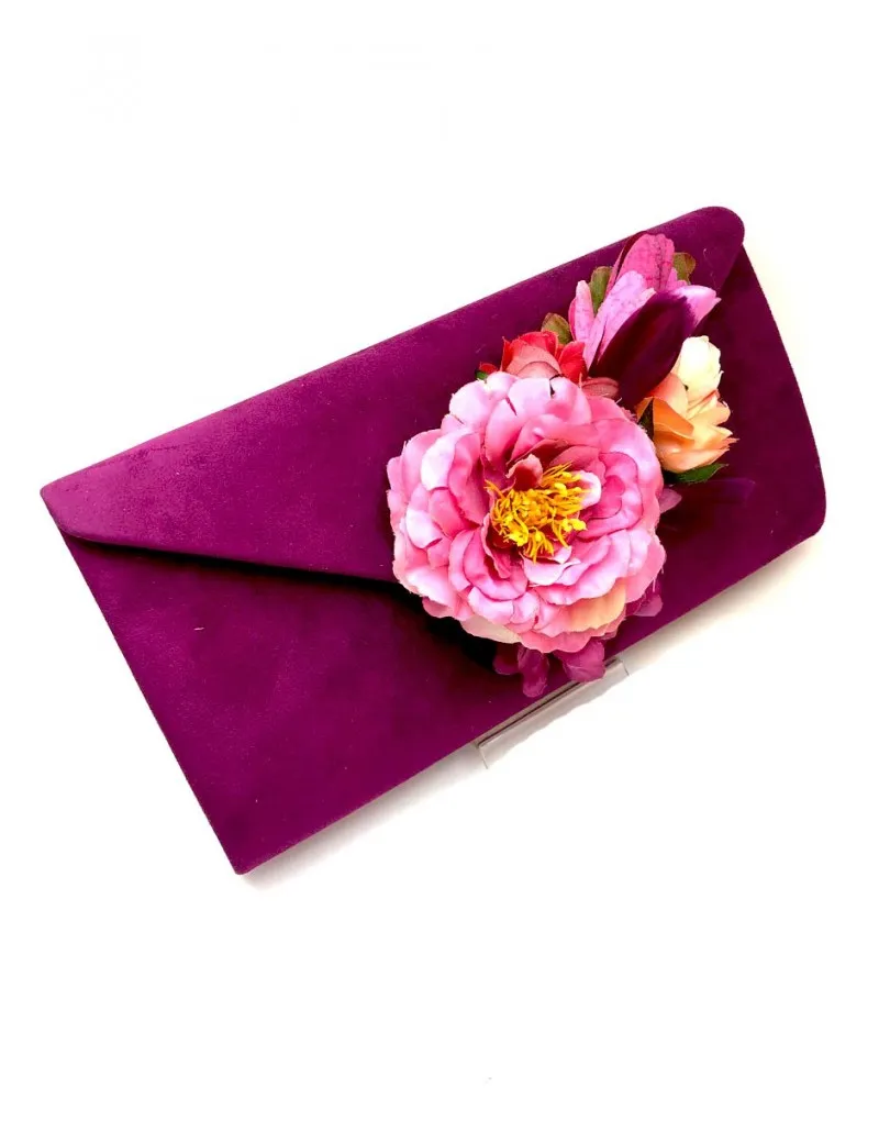 BOLSOS DE FIESTA BURDEOS DECORADOS CON FLORES  PARA BODAS IDEAL PARA CONJUNTAR CON NUESTRAS PAMELAS