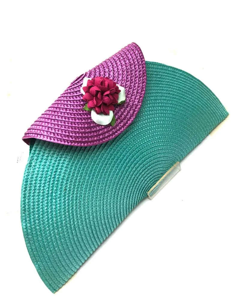 BOLSOS DE FIESTA RAFIA TURQUESA Y MORADO CON FLOR DE CAPOTE