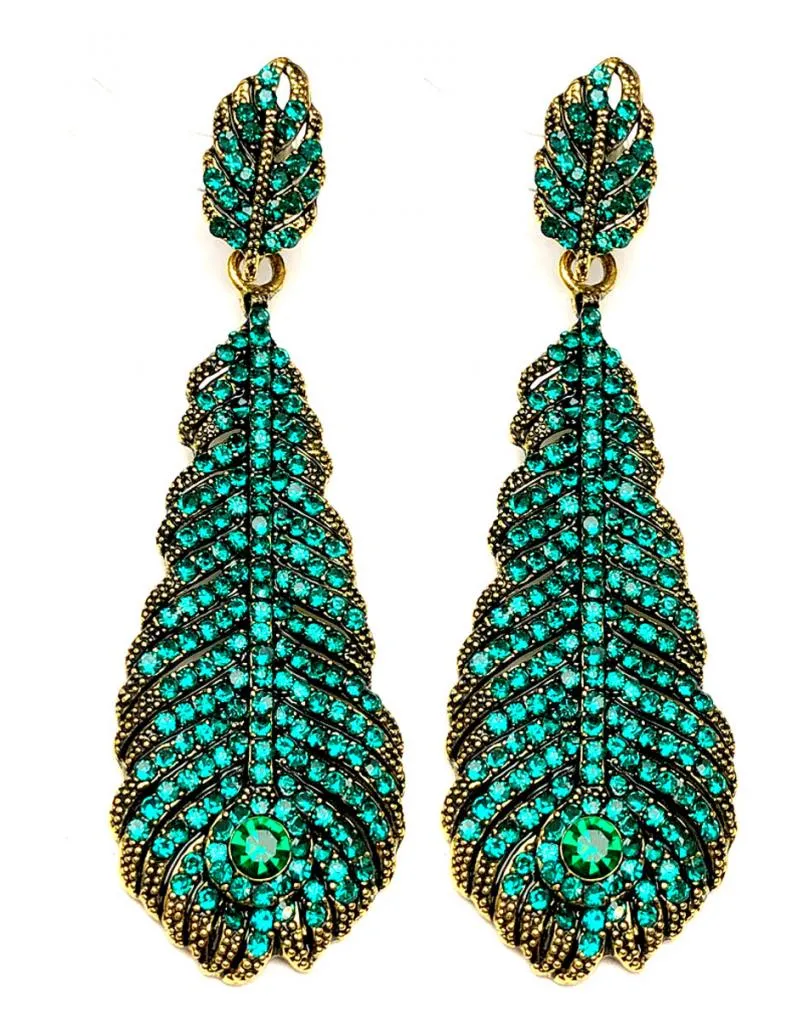 BONITOS PENDIENTES VERDES CON DISEÑO DE PLUMA CON PEDRERIA