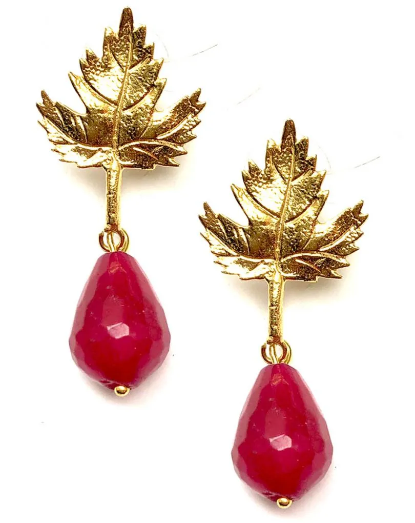 COMPRAR PENDIENTES MUJER ELEGANTES Y ORIGINALES, HOJAS Y LAGRIMA COLOR RUBI