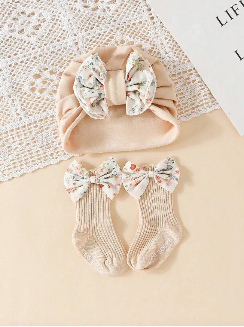 Conjunto Bebé Calcetines Elegantes con Lazos y Turbante de Algodón