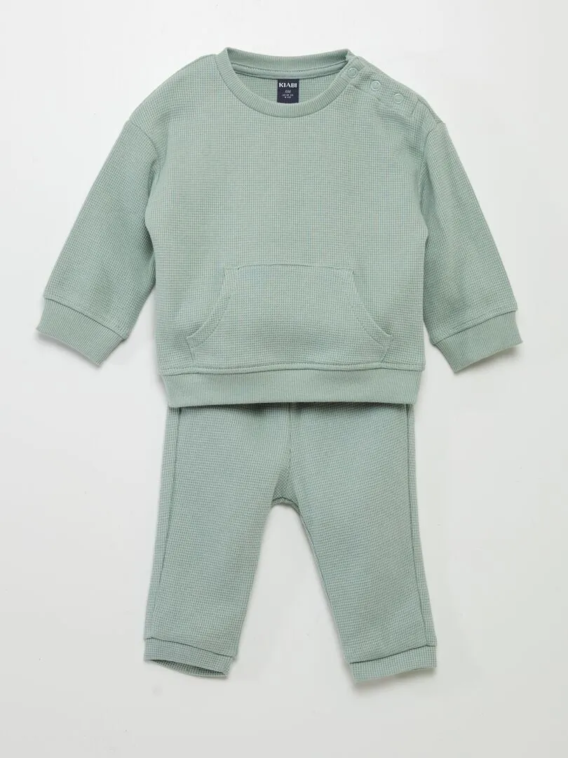CONJUNTO DE SUDADERA + PANTALóN DE NIDO DE ABEJA  2 PIEZAS  VERDE