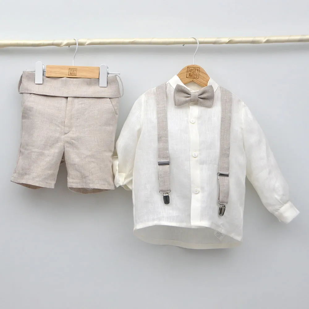 Conjunto lino Leo con camisa cuello Mao, pajarita, tirantes y pantalón con Fajín talla 10 aos
