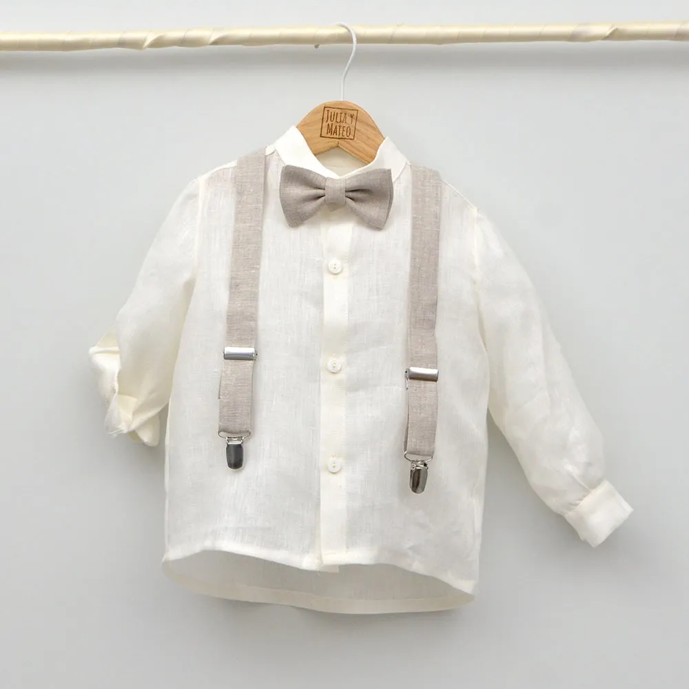 Conjunto lino Leo con camisa cuello Mao, pajarita, tirantes y pantalón con Fajín talla 10 aos