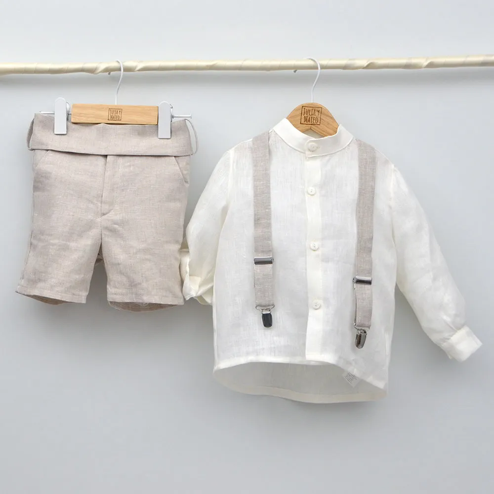 Conjunto lino Leo con camisa cuello Mao, pajarita, tirantes y pantalón con Fajín talla 10 aos