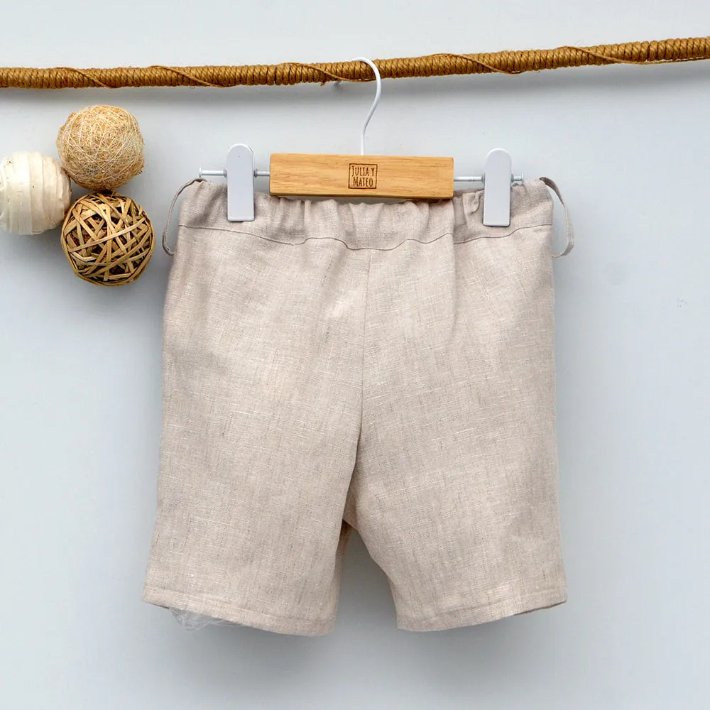 Conjunto lino Leo con camisa cuello Mao, pajarita, tirantes y pantalón con Fajín talla 10 aos
