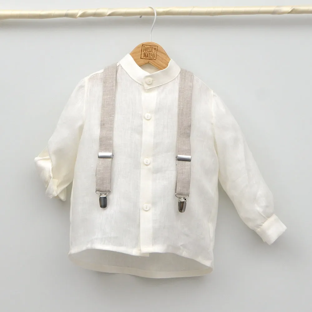 Conjunto lino Leo con camisa cuello Mao, pajarita, tirantes y pantalón con Fajín talla 10 aos