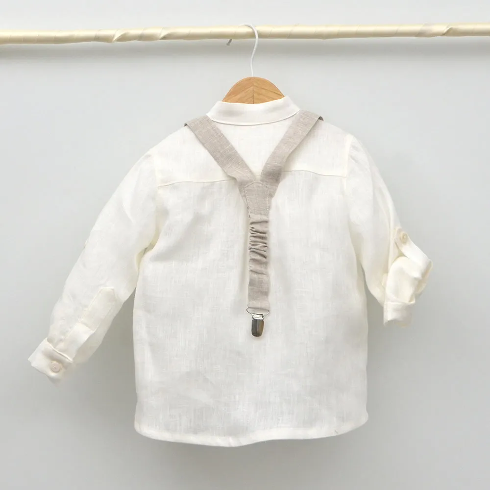 Conjunto lino Leo con camisa cuello Mao, pajarita, tirantes y pantalón con Fajín talla 10 aos