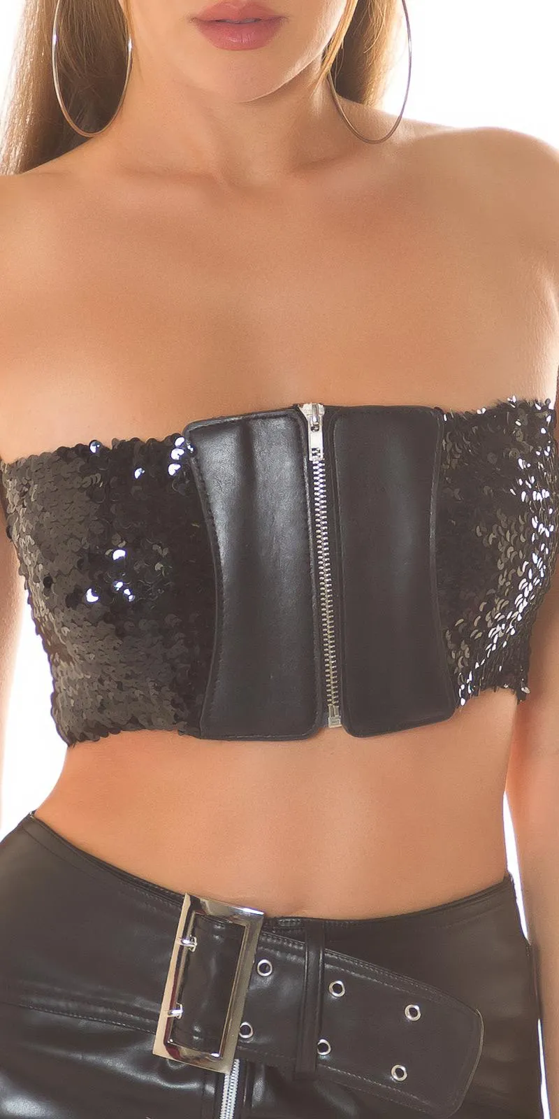 Crop top lentejuela 2en1 bandeau negro 