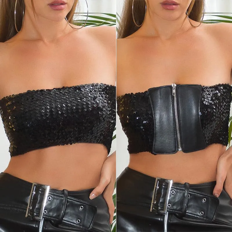 Crop top lentejuela 2en1 bandeau negro 