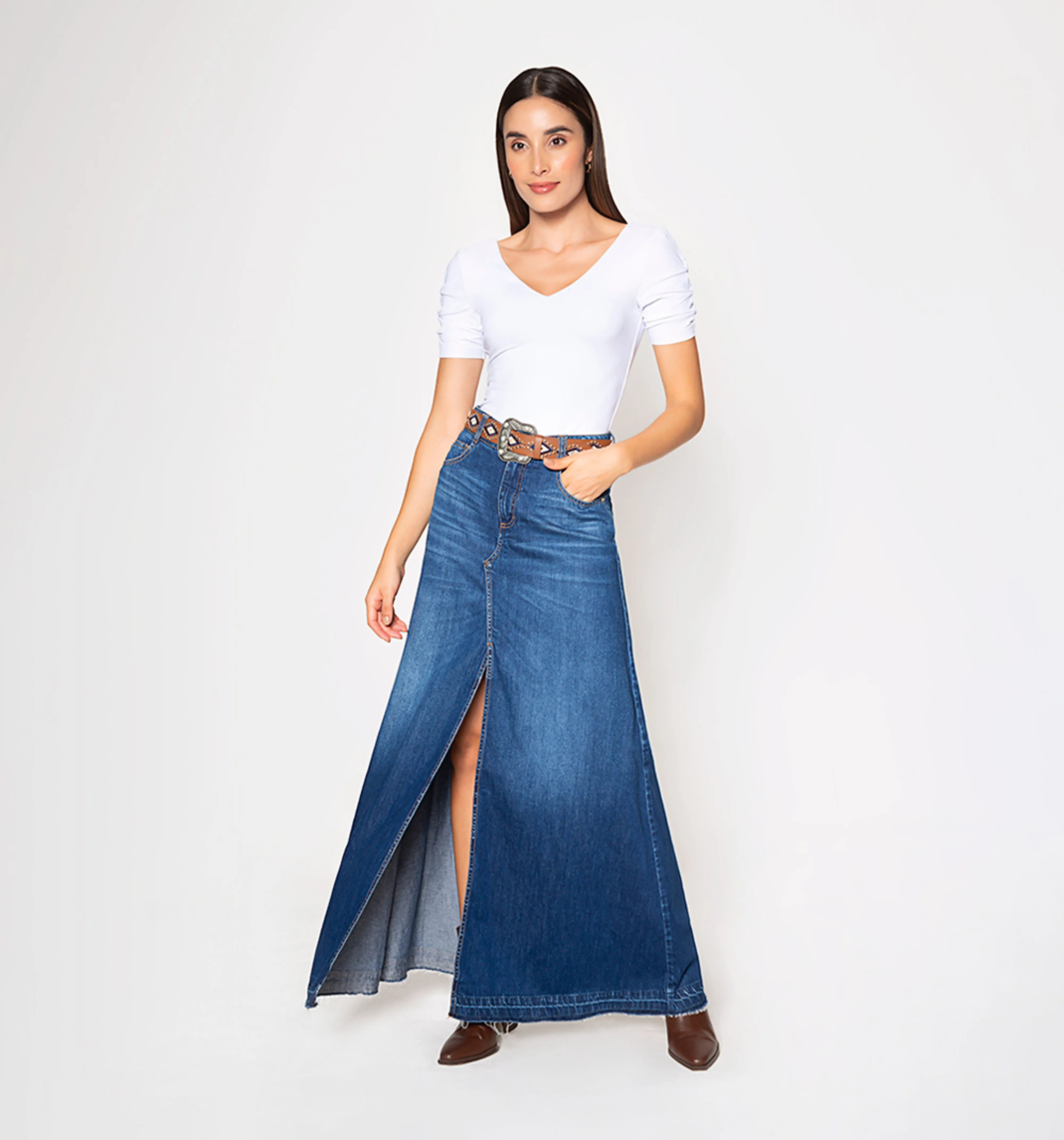 Falda larga indigo con abertura delanter