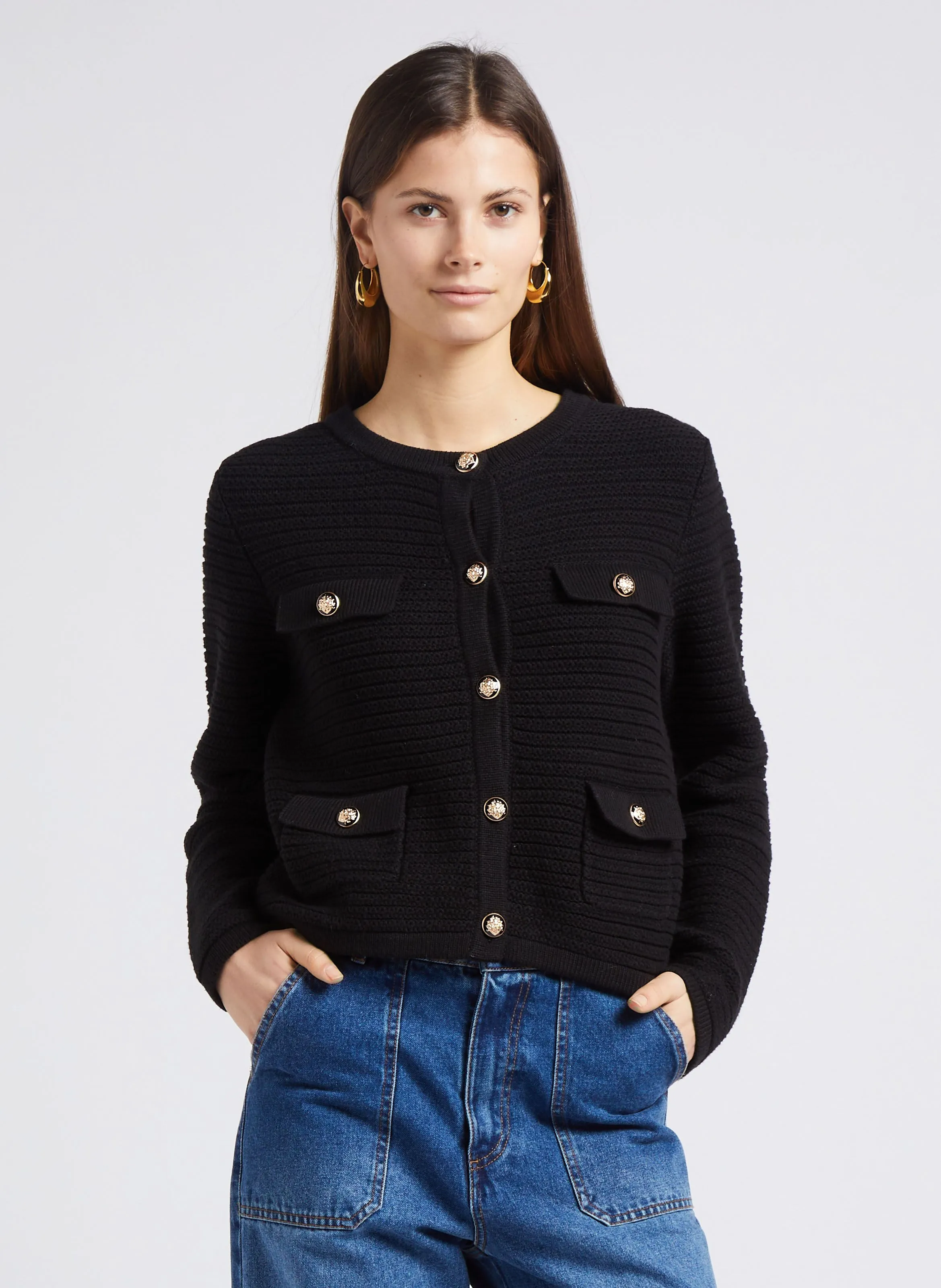 LILY  CHAQUETA HOLGADA DE ALGODóN CON CUELLO REDONDO Y BOTONES DE PEDRERíA EN NEGRO