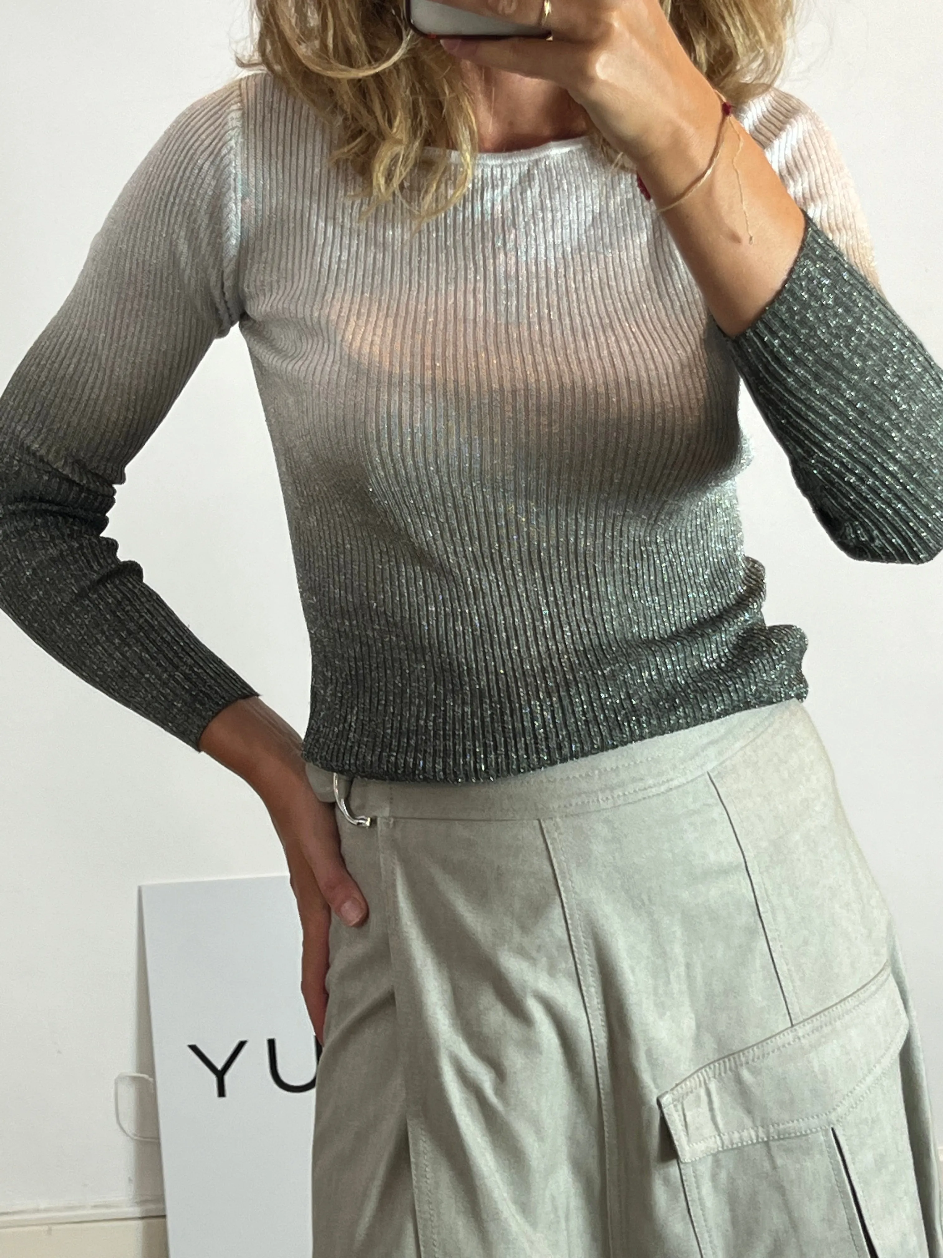 MANGO Top gris hilos T.L