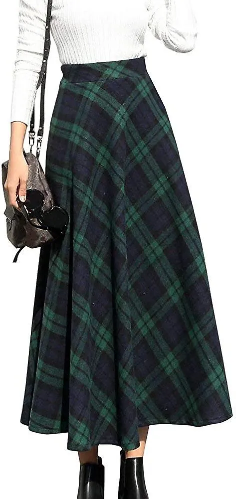 MUJER ALTA CINTURA ELáSTICA MAXI FALDA ALINE PLAID INVIERNO WARM FLARE FALDA LARGA PLAID FALDAVERDE