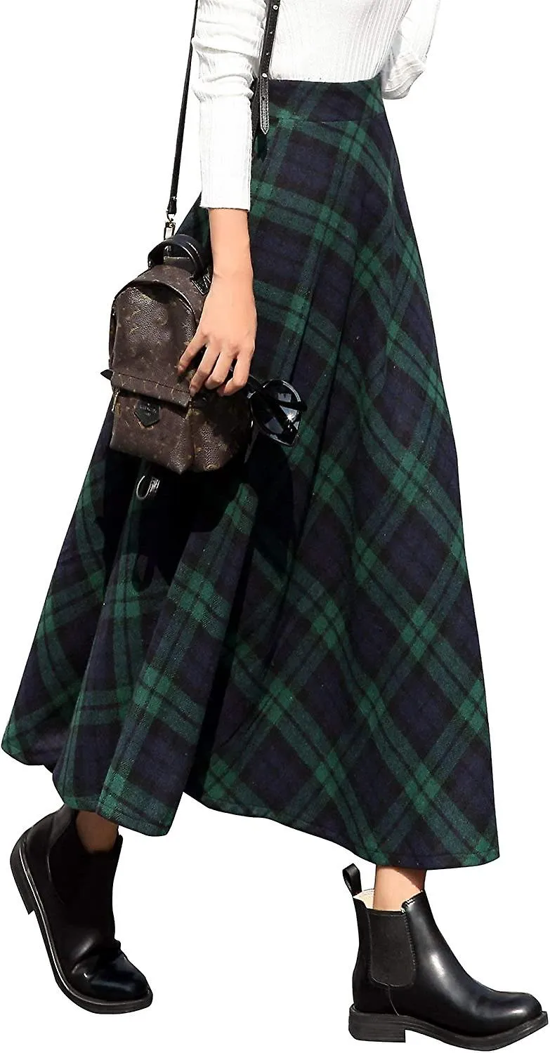 MUJER ALTA CINTURA ELáSTICA MAXI FALDA ALINE PLAID INVIERNO WARM FLARE FALDA LARGA PLAID FALDAVERDE