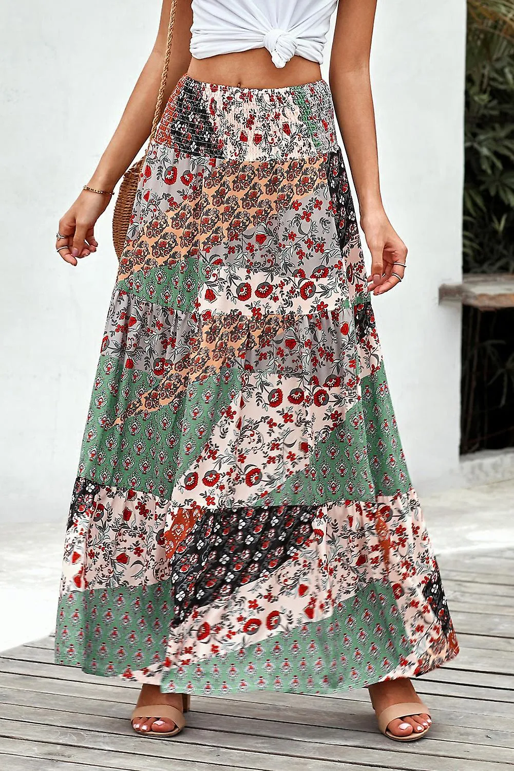 MUJER MULTICOLOR BOHO ESTAMPADO TIEUP CINTURA MAXI FALDA LARGA