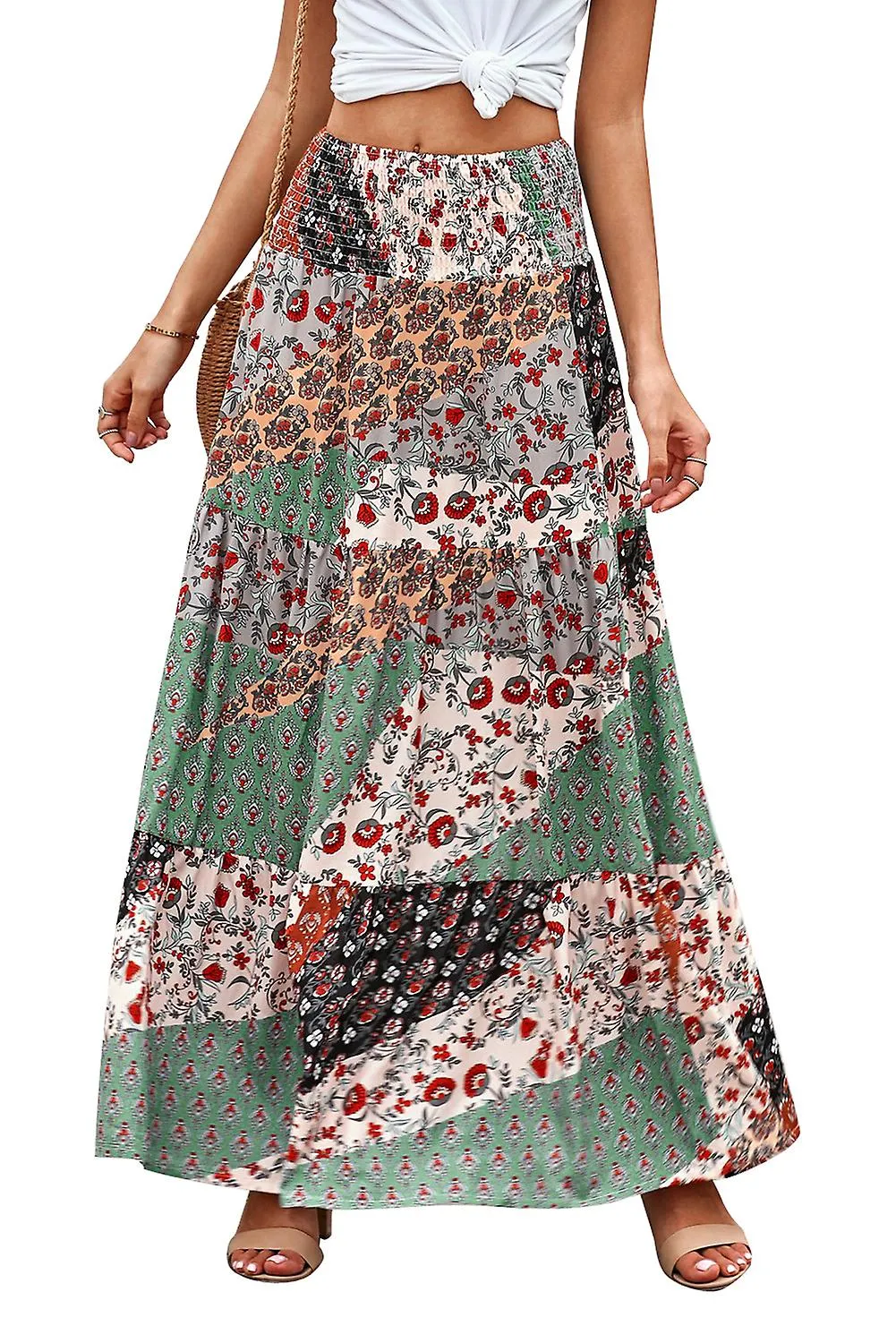 MUJER MULTICOLOR BOHO ESTAMPADO TIEUP CINTURA MAXI FALDA LARGA