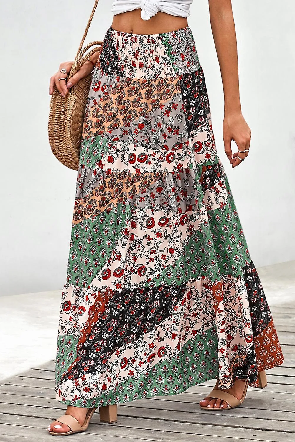 MUJER MULTICOLOR BOHO ESTAMPADO TIEUP CINTURA MAXI FALDA LARGA