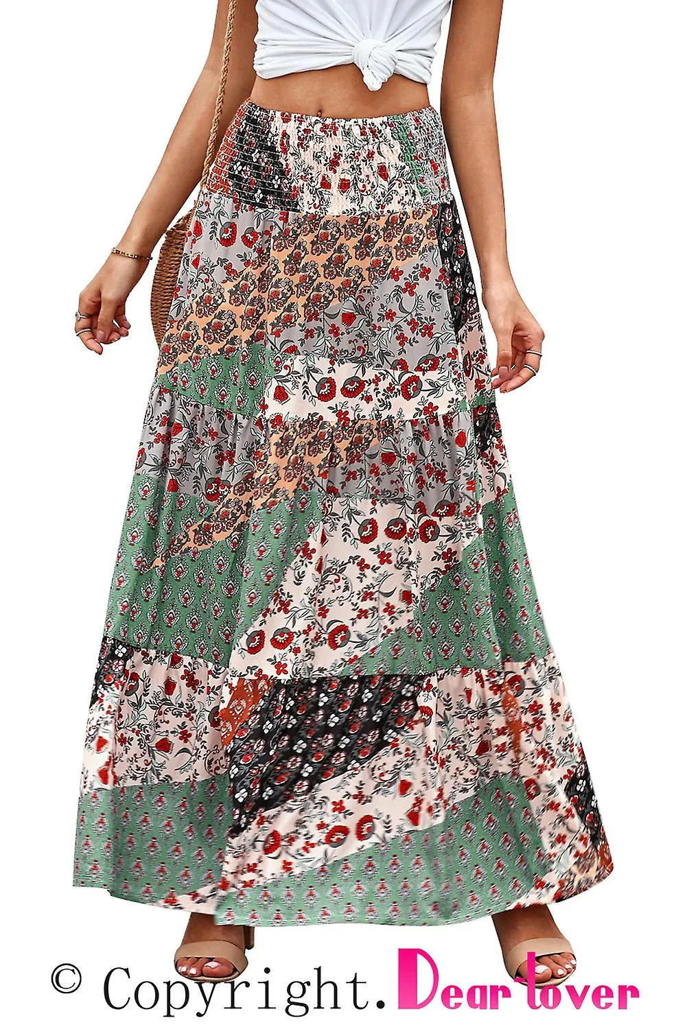 MUJER MULTICOLOR BOHO ESTAMPADO TIEUP CINTURA MAXI FALDA LARGA