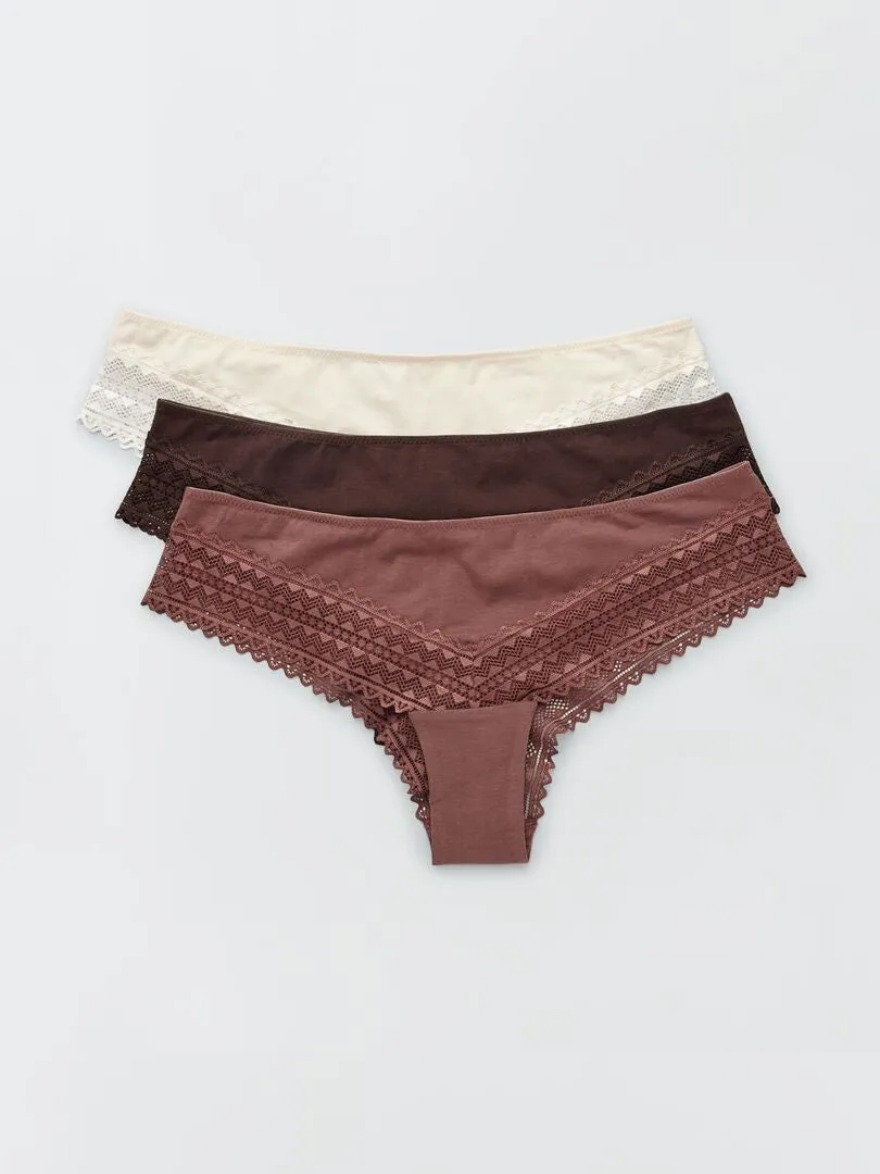 PACK DE 3 BRAGUITAS BRASILEñAS DE ALGODóN Y ENCAJE  BEIGE