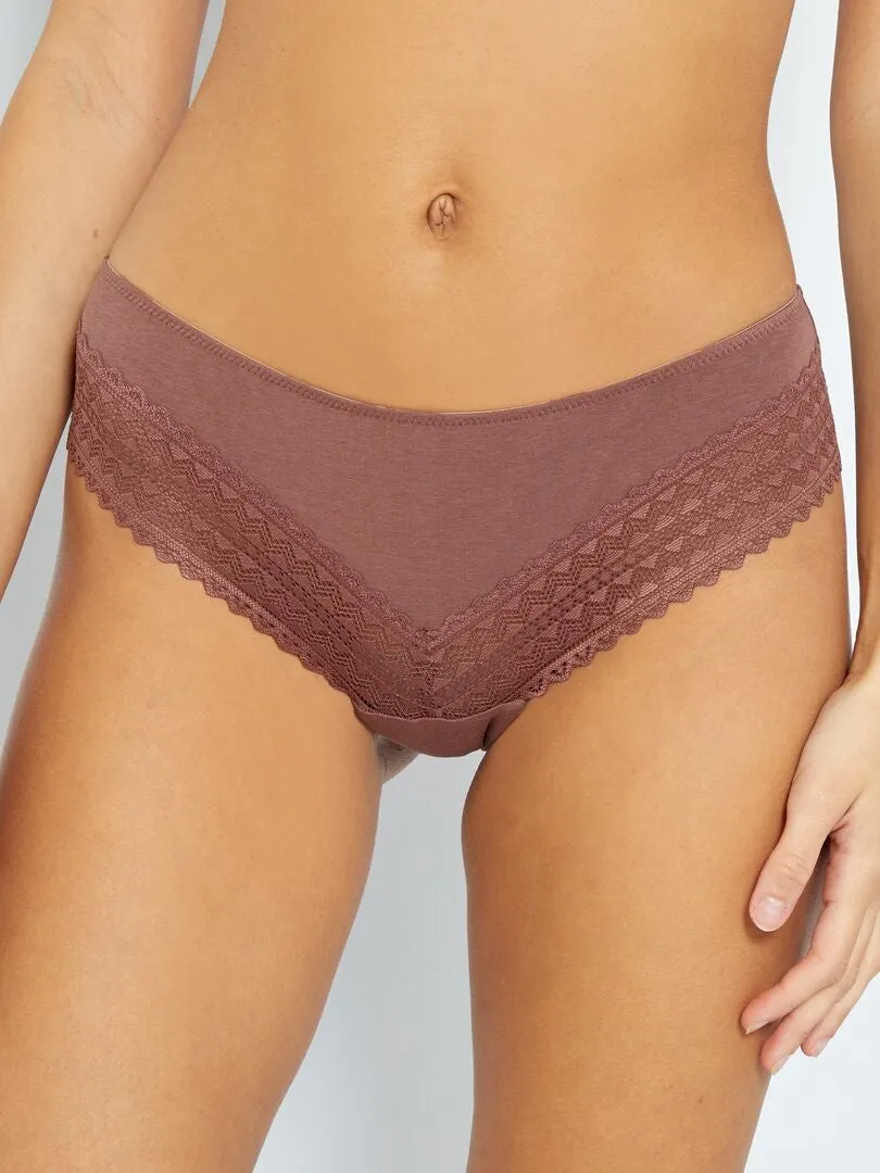 PACK DE 3 BRAGUITAS BRASILEñAS DE ALGODóN Y ENCAJE  BEIGE