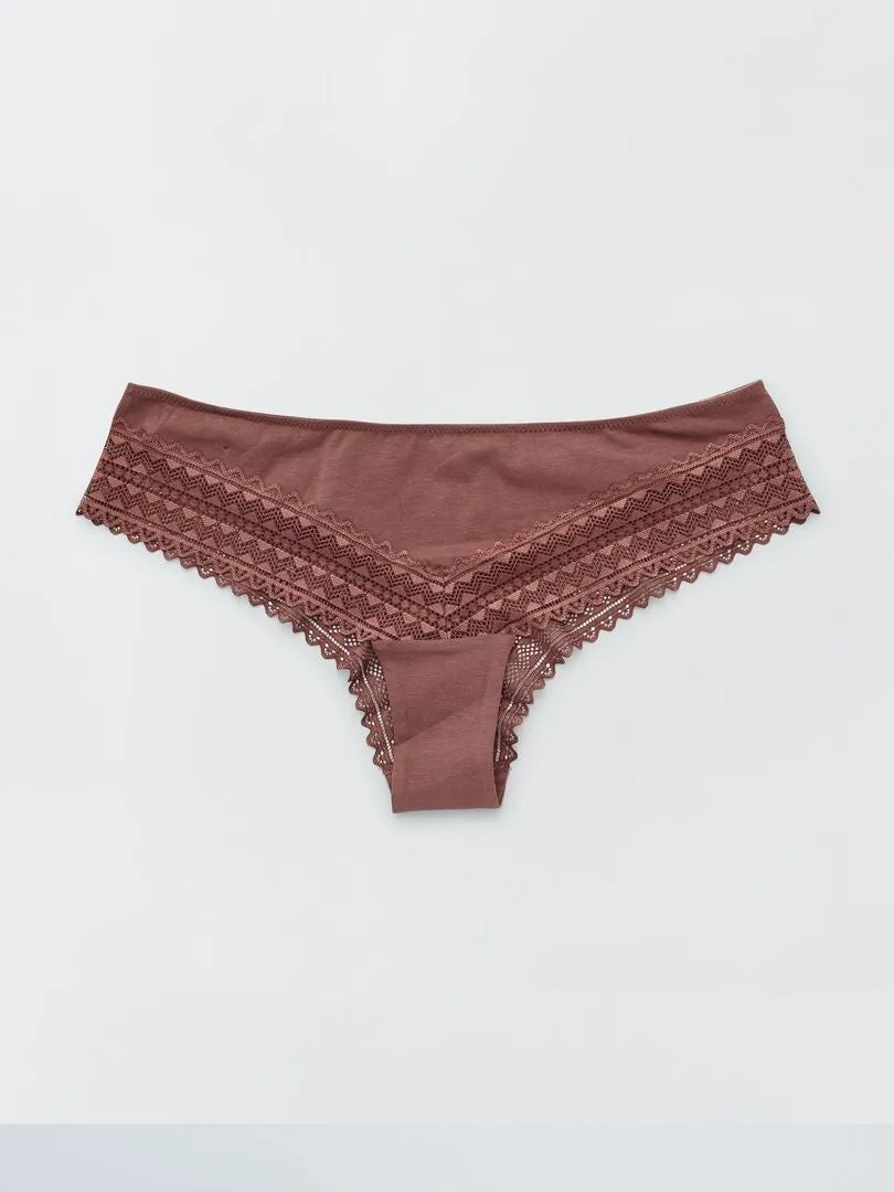 PACK DE 3 BRAGUITAS BRASILEñAS DE ALGODóN Y ENCAJE  BEIGE