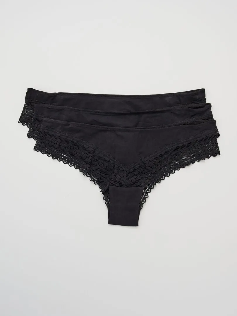 PACK DE 3 BRAGUITAS BRASILEñAS DE ALGODóN Y ENCAJE  NEGRO