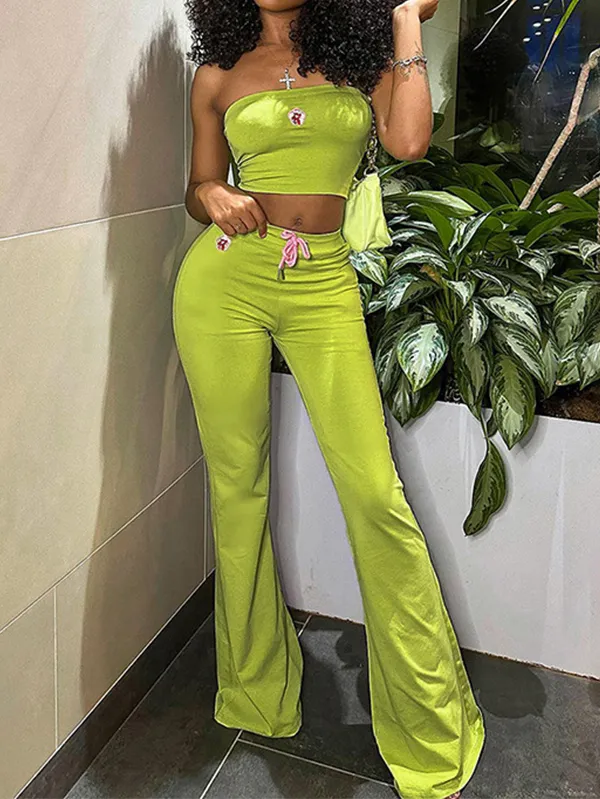 Pantalones casuales de cintura alta con top de tubo bordado de moda de dos piezas