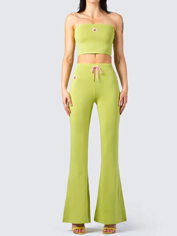Pantalones casuales de cintura alta con top de tubo bordado de moda de dos piezas