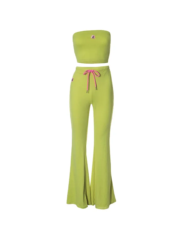Pantalones casuales de cintura alta con top de tubo bordado de moda de dos piezas