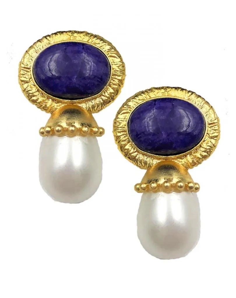 PENDIENTES ELEGANTES CON PERLAS Y PIEDRA AZUL LAPISLAZULI