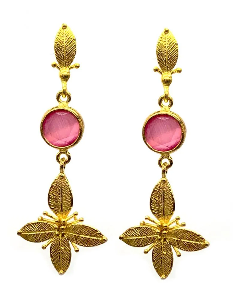PENDIENTES LARGOS DORADOS CON CRISTAL FACETADO ROSA MUY ELEGANTES