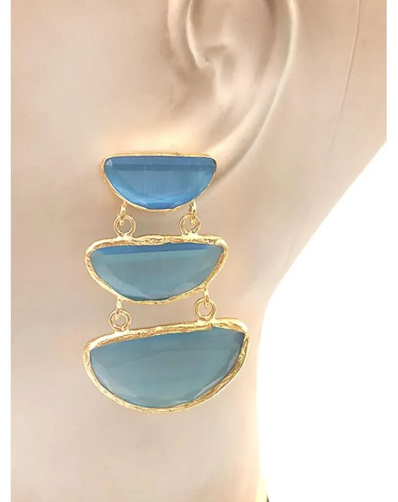 PENDIENTES LARGOS ELEGANTES CON TRIO DE PIEDRAS AZULES