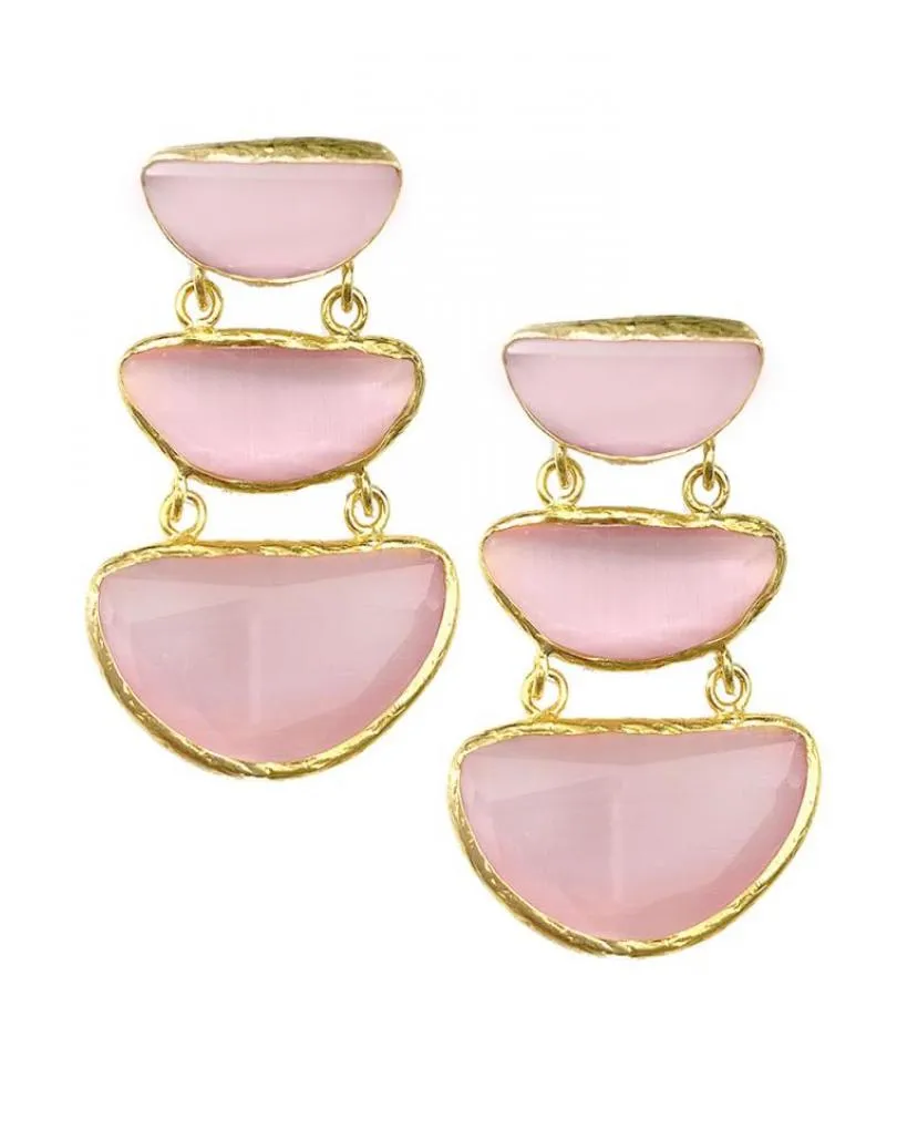 PENDIENTES LARGOS ELEGANTES CON TRIO DE PIEDRAS ROSAS