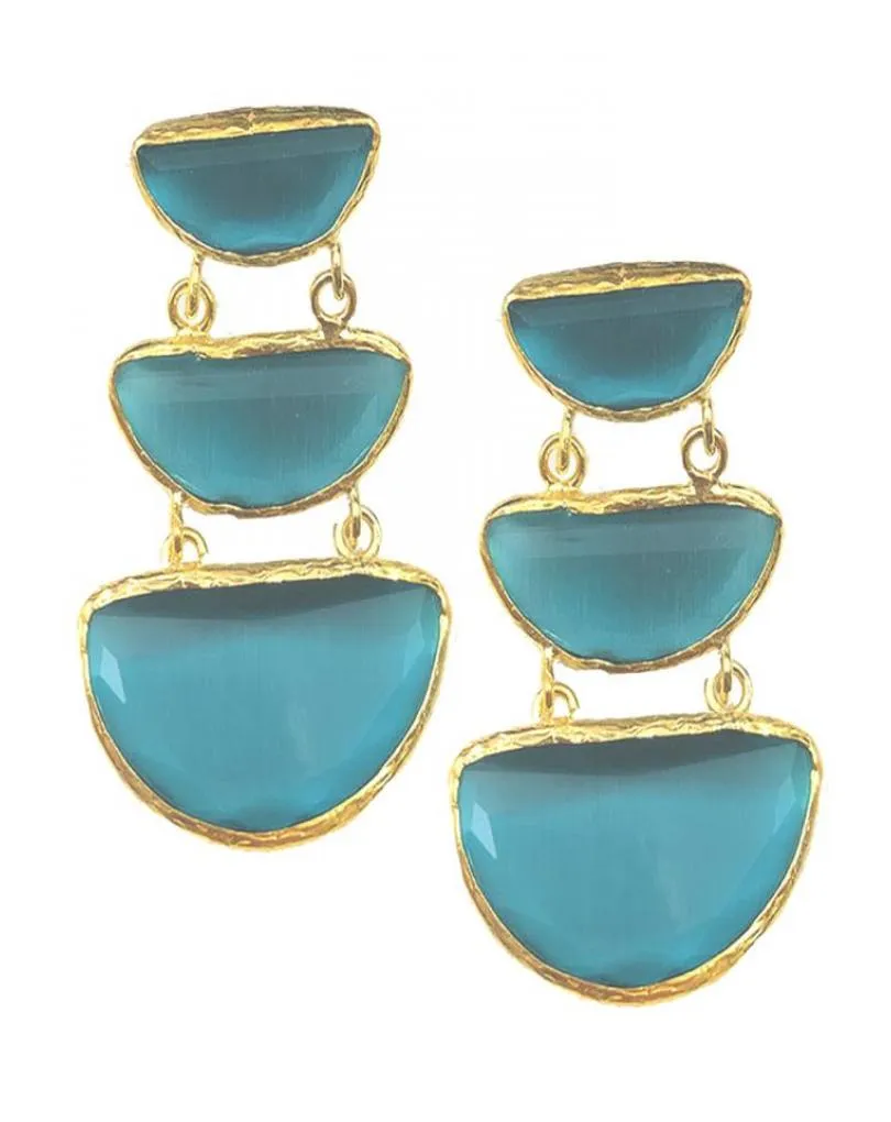 PENDIENTES LARGOS ELEGANTES CON TRIO DE PIEDRAS VERDE MAR