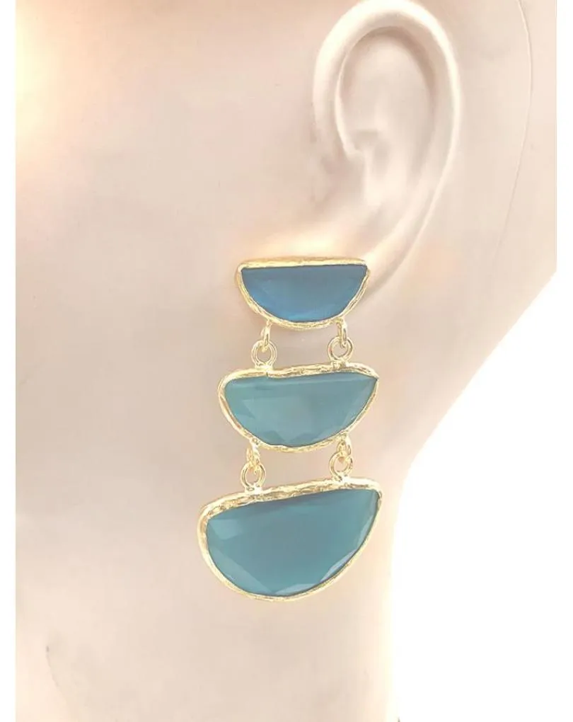 PENDIENTES LARGOS ELEGANTES CON TRIO DE PIEDRAS VERDE MAR