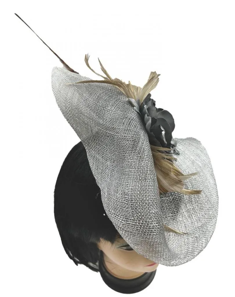 TOCADOS BODA GRISES CON EXQUISITO DISEÑO CON PLUMAS FAISAN
