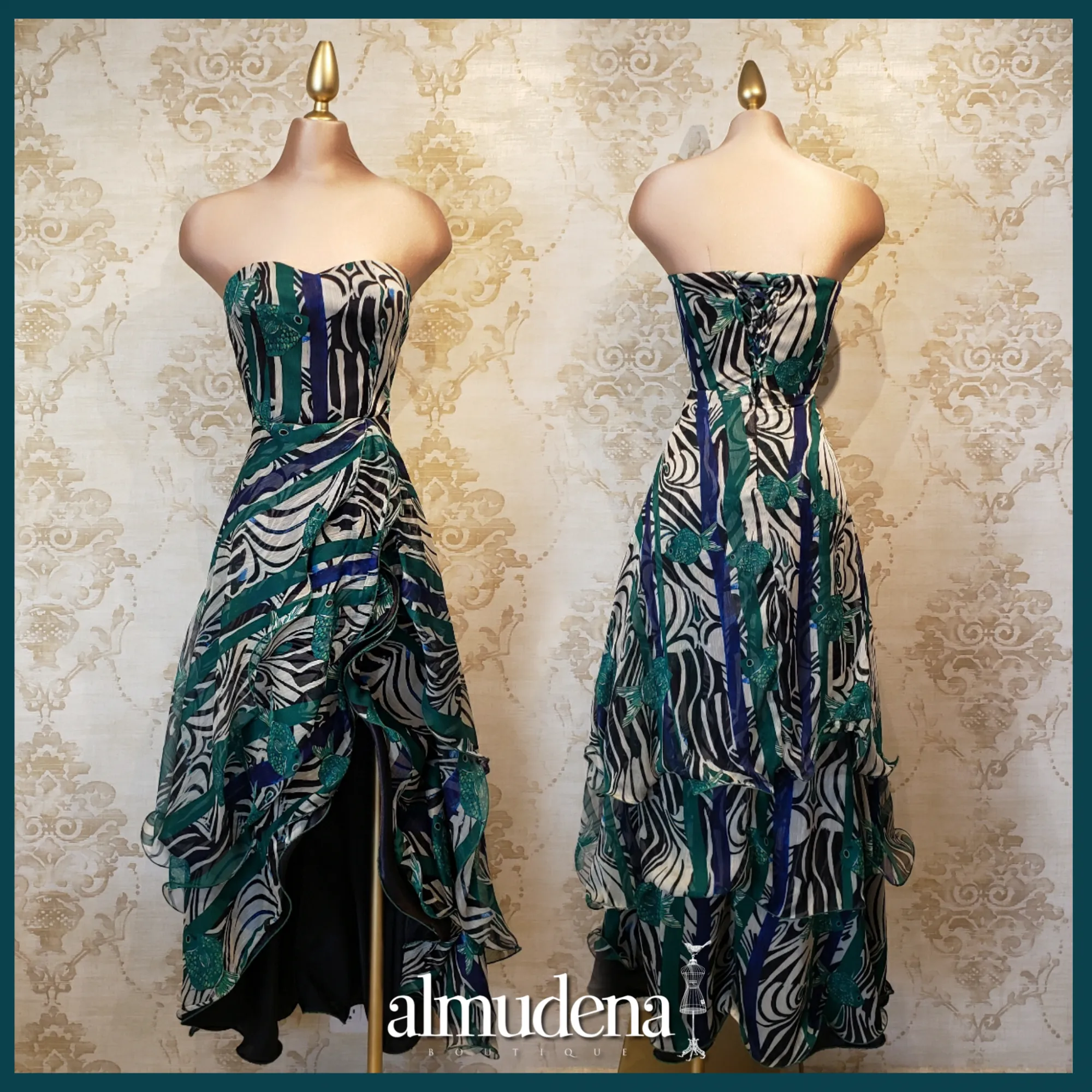Vestido Verde Obscuro con Negro Largo Estampado Rayas